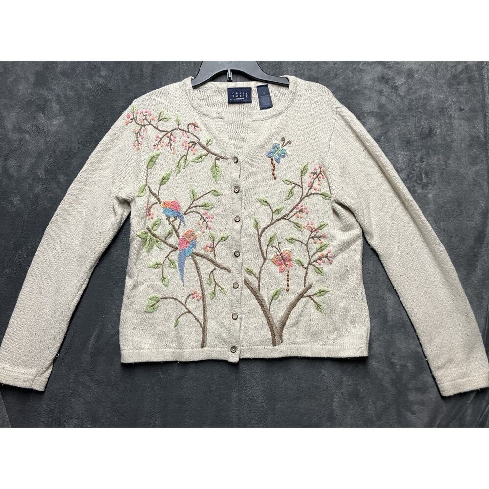 VTG Crazy Horse Beige Embroidered Silk Cardigan M Nature Grannycore Art to Wear